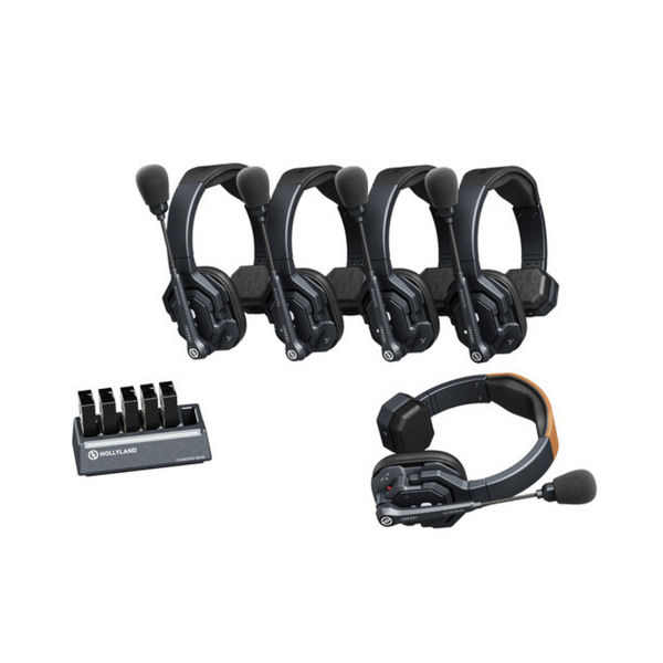 Set of communication headsets on a white background