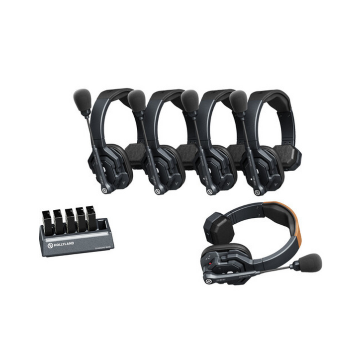 Set of communication headsets on a white background