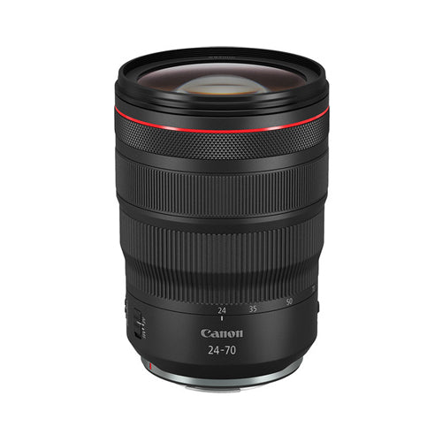 A Canon RF 24-70mm f/2.8 L IS USM Lens with a black body and red detailing, designed for full-frame format cameras.