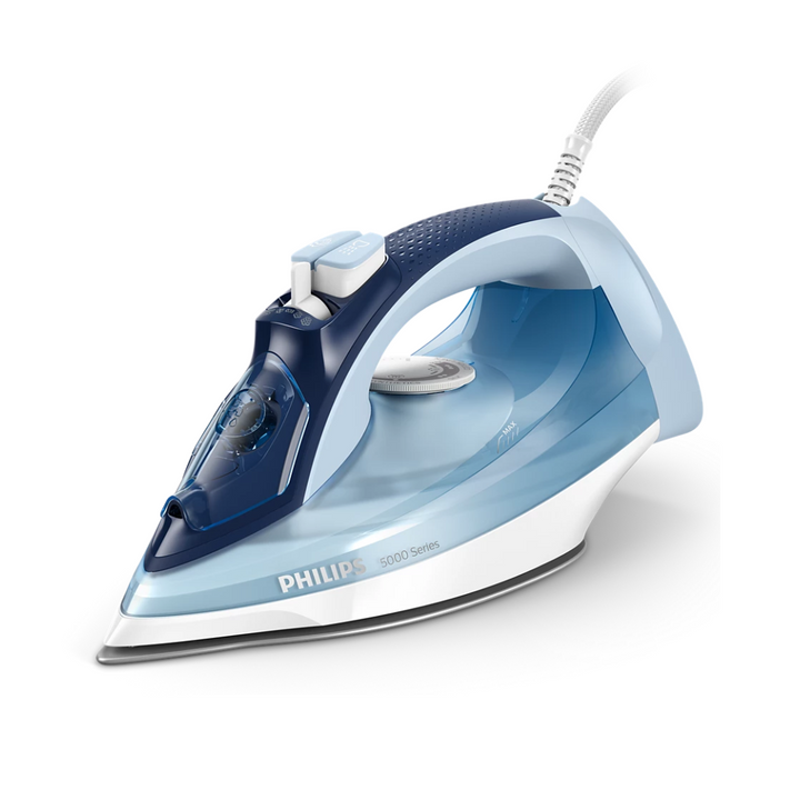 A Philips 5000 Series Steam iron in blue, white, and gray colors with a steam ironing system.