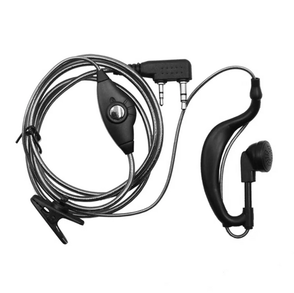 Black earbud with microphone and cable on a white background