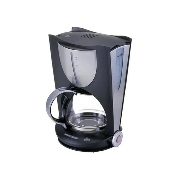 A black and silver Black & Decker coffee maker with a glass carafe.