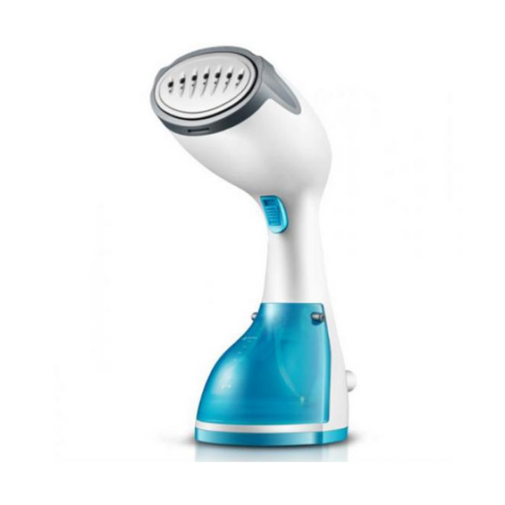 A handheld garment steamer by Black+Decker with a white body and blue base, featuring a stainless steel steam panel.