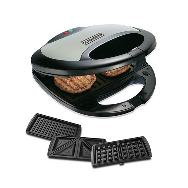 Black & Decker 3-in-1 Grill, Waffle & Sandwich Maker with interchangeable plates, in silver and black color.