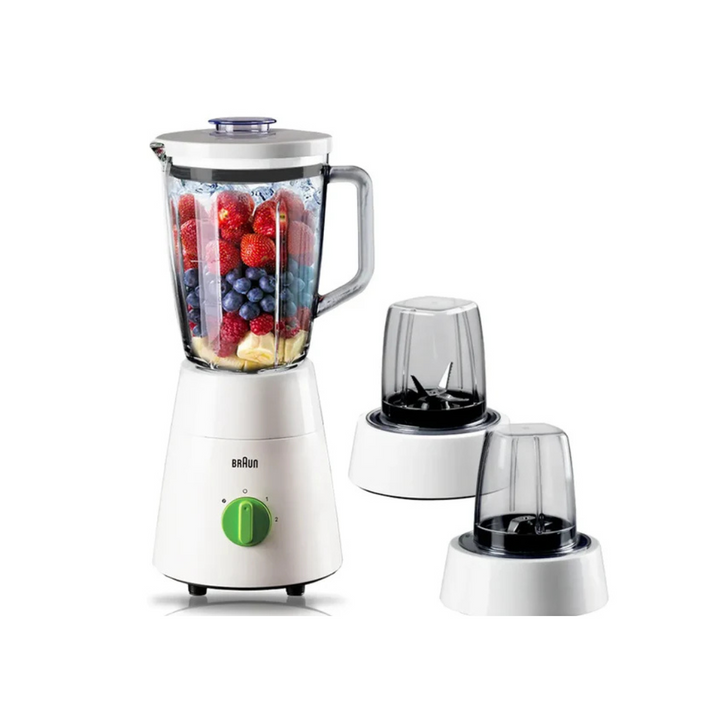 A white Braun Power Blend 3 blender with a triangular mixing jug and two speed settings, alongside its two component parts.