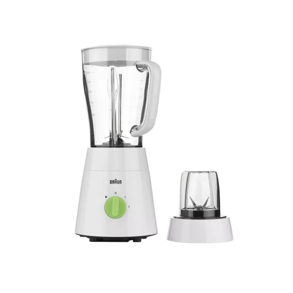 A white Braun blender with a glass jar and a smaller blending attachment, featuring a green speed setting dial.