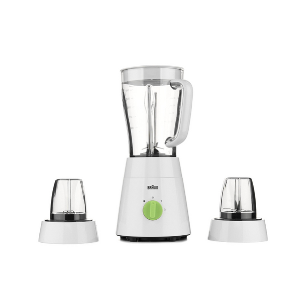 A white Braun blender with a chopper and mill attachments, displayed against a neutral background.