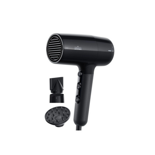 A black Braun lightweight hair dryer with IONTEC function, displaying three precise heating modes and cord storage space.