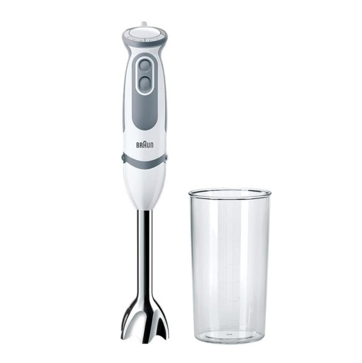 Braun hand blender with a clear container on a white background