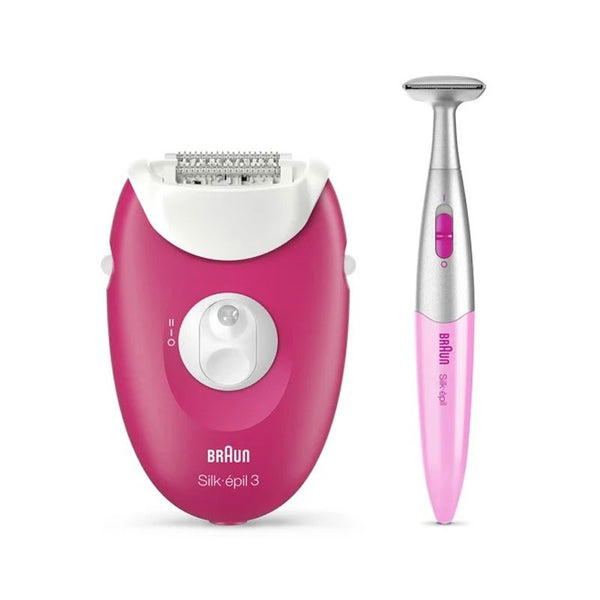 A set of Braun hair removal and bikini trimmer devices, one is a handheld epilator in pink and the other is a bikini styler in pink and white. Both are designed for personal grooming.