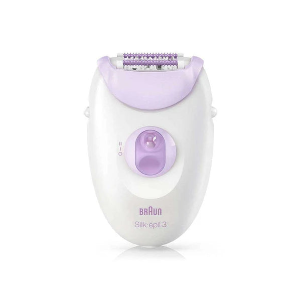 A Braun Silk Epil 3 Legs Soft Perfection Epilator, with a white and purple color scheme, designed for hair removal.
