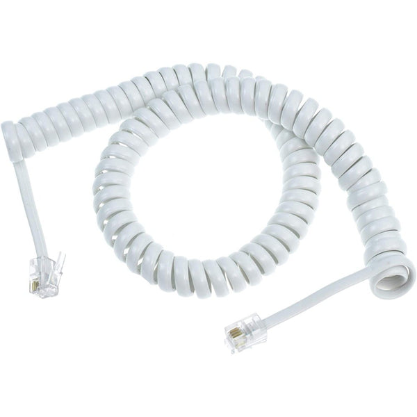 Coiled white telephone cable on a white background