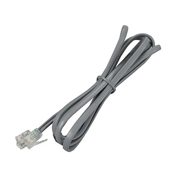 Gray telephone cable with modular plug on a white background