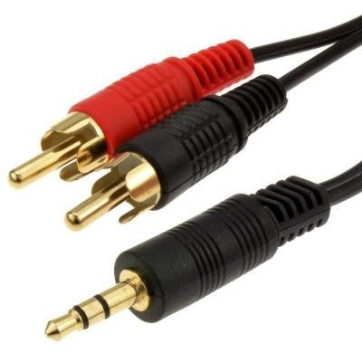 Two audio cables with red and black plugs and gold connectors on a white background