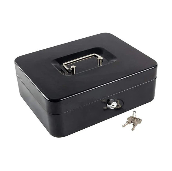 Black cash box with a lock and keys on a white background