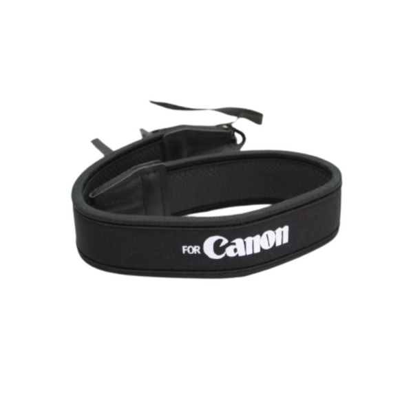 Black camera strap with 'Canon' text on a white background