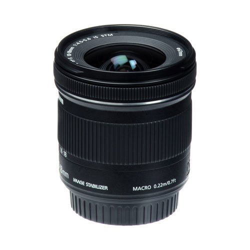 A Canon EF-S 10-18mm f/4.5-5.6 IS STM Lens, black in color, designed for APS-C format cameras.