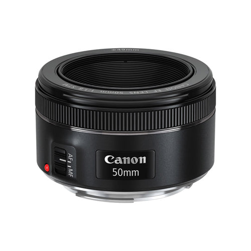 A Canon EF 50mm f/1.8 STM Lens with a black exterior, focused on the front element with the brand and focal length visible.