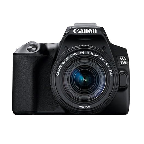 A Canon EOS 250D DSLR camera with an 18-55mm lens on a white background.