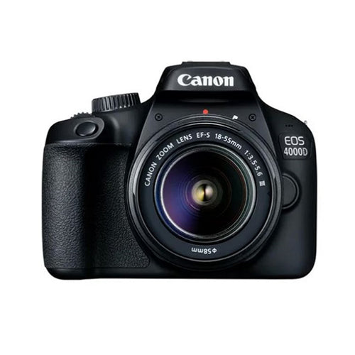 A black Canon EOS 4000D 18MP Digital SLR Camera with an 18-55mm III Ultimate lens attached.