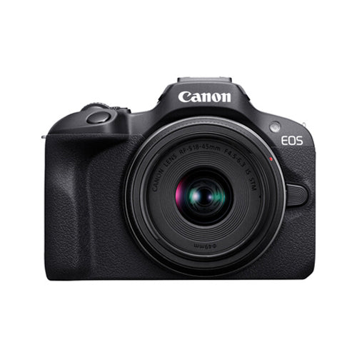 A Canon EOS R100 mirrorless camera with an RF-S 18-45mm lens on a white background.