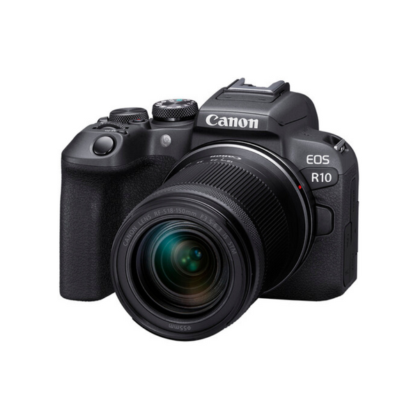 A Canon EOS R10 Mirrorless Camera with a black exterior, a lens, and an electronic viewfinder.