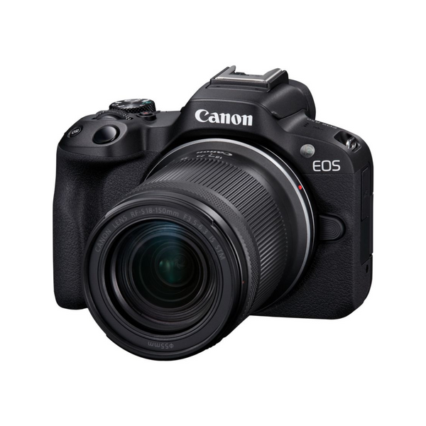 A Canon EOS R50 mirrorless camera with a 18-150mm lens on a white background.