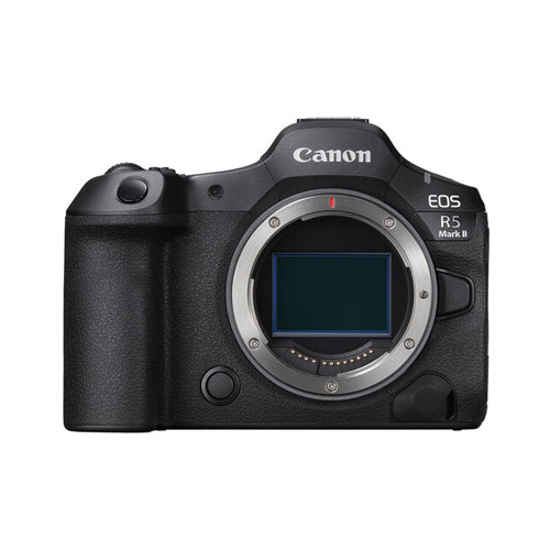 A Canon EOS R5 Mark II Mirrorless Camera with a black exterior, a digital viewfinder, and lens visible on the front.