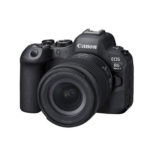 A Canon EOS R6 Mark II Mirrorless Camera with a black body and a 24-105mm lens on a white background.