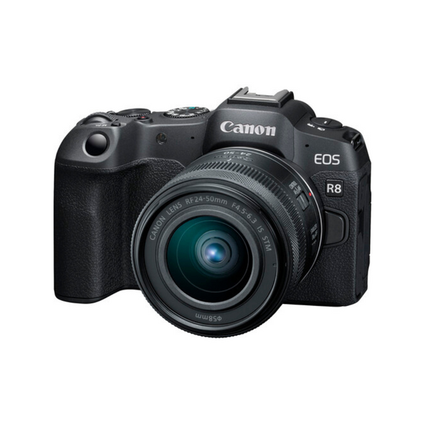 A Canon EOS R8 Mirrorless Camera with a black grip and a black RF 24-50mm f/4.5-6.3 IS STM Lens.
