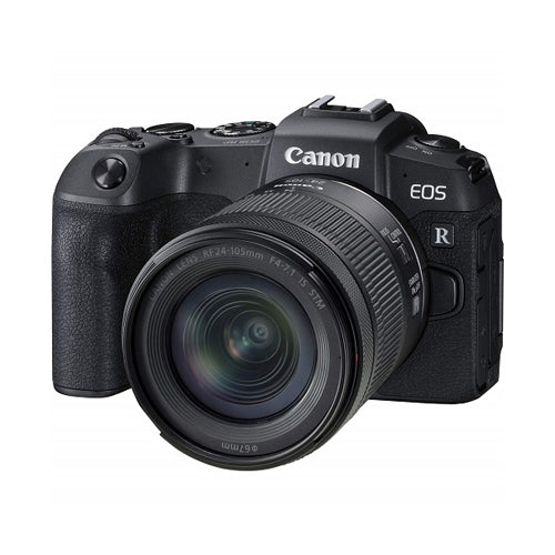 A Canon EOS RP camera with a black grip and a lens attached, displaying the camera's full-frame sensor and lens.