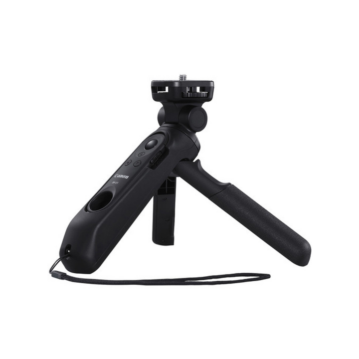 A black Canon HG-100TBR Tripod Grip with a hybrid grip and fold-out mini tripod design, including a BR-E1 wireless remote control.