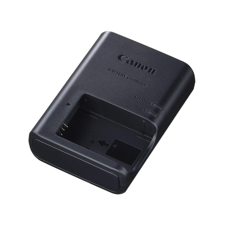 A black Canon LP-E12 battery charger.
