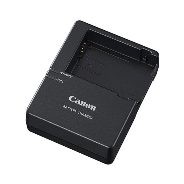 A black Canon battery charger designed for LP-E8 series cameras.