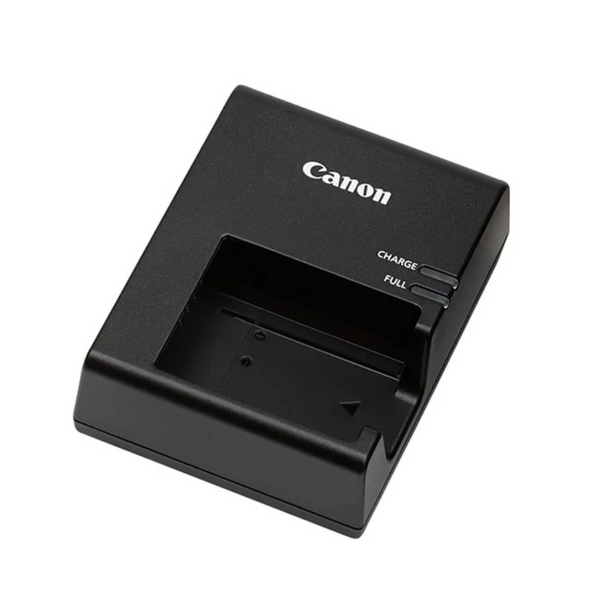A black Canon LC-E10 battery charger designed for the LP-E10 battery model.