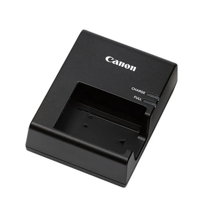 A black Canon LC-E10 battery charger designed for the LP-E10 battery model.