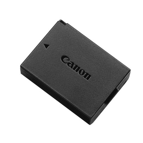 A black Canon LP-E10 lithium-ion camera battery.