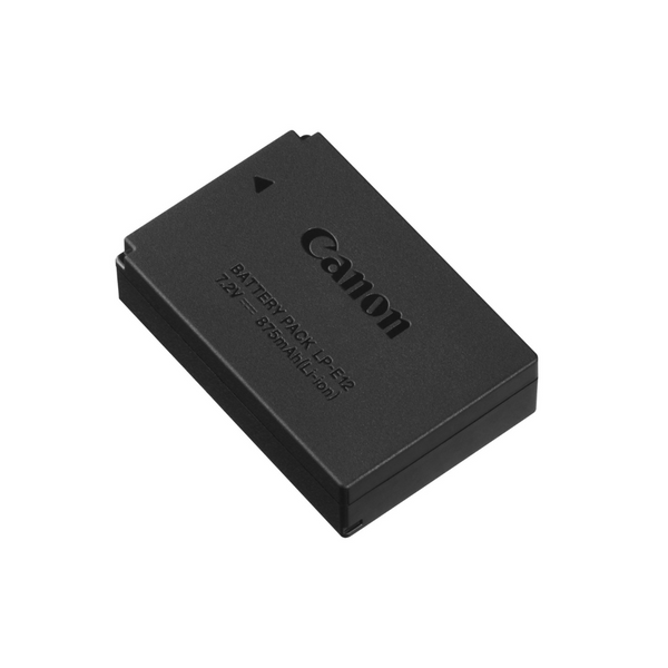 A black Canon LP-E12 lithium-Ion battery pack for EOS Rebel S1 and EOS M SLR cameras.