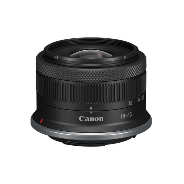 A Canon RF-S 18-45mm f/4.5-6.3 IS STM Lens with a black exterior, marked with the Canon logo and focal length details.