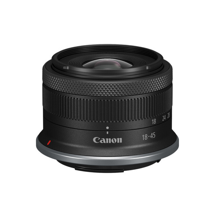 A Canon RF-S 18-45mm f/4.5-6.3 IS STM Lens with a black exterior, marked with the Canon logo and focal length details.