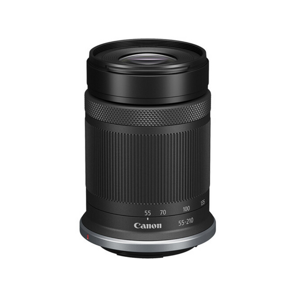 A black Canon RF-S 55-210mm f/5-7.1 IS STM lens with focus and zoom markings, designed for micro four thirds cameras.
