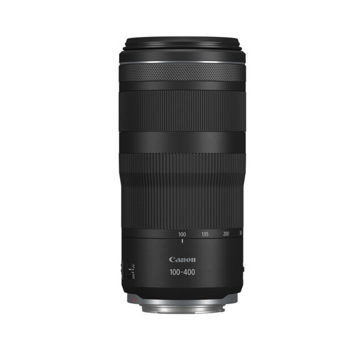 A Canon RF 100-400mm f/5.6-8 IS USM lens, black in color, with focus and zoom rings visible.