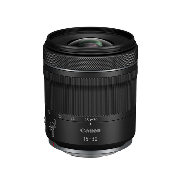 A Canon RF 15-30mm f/4.5-6.3 IS STM lens, black in color, with focus and zoom rings visible.