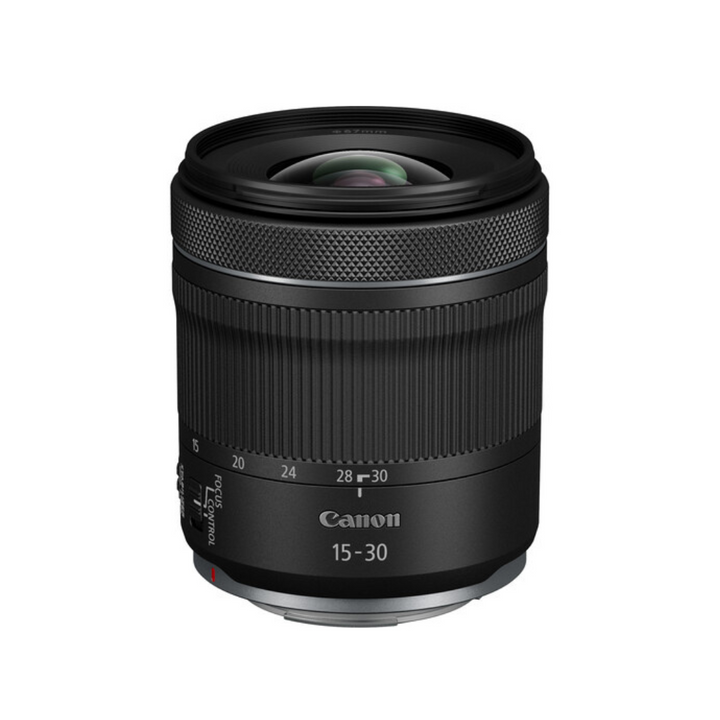 A Canon RF 15-30mm f/4.5-6.3 IS STM lens, black in color, with focus and zoom rings visible.