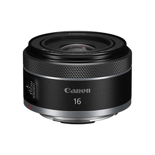 A Canon RF 16mm F2.8 STM Super Wide Lens with a black exterior, marked with the Canon logo and the focal length.