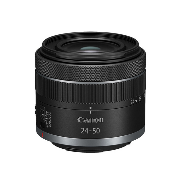 A Canon RF 24-50mm f/4.5-6.3 IS STM Lens, black in color, with the brand and focal length markings visible.