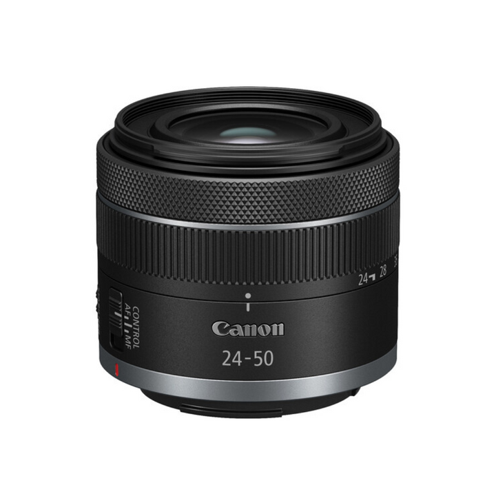A Canon RF 24-50mm f/4.5-6.3 IS STM Lens, black in color, with the brand and focal length markings visible.