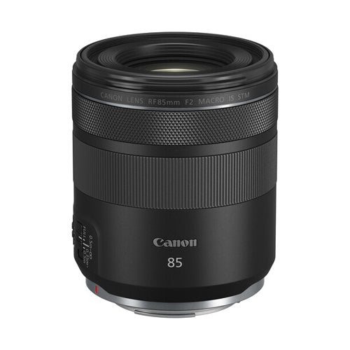 A Canon RF 85mm f/2 Macro IS STM Lens with a black exterior and the Canon logo visible on the side.