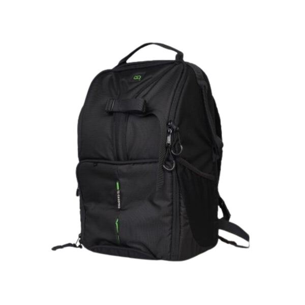 A black Casepro 350 backpack designed for carrying DSLR or mirrorless cameras with multiple lenses and accessories, featuring padded shoulder straps and a weather-resistant fabric.