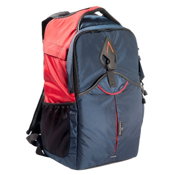 A blue and red Casepro Angel-220 backpack with weather-resistant nylon material, featuring multiple compartments and a camera-friendly design.